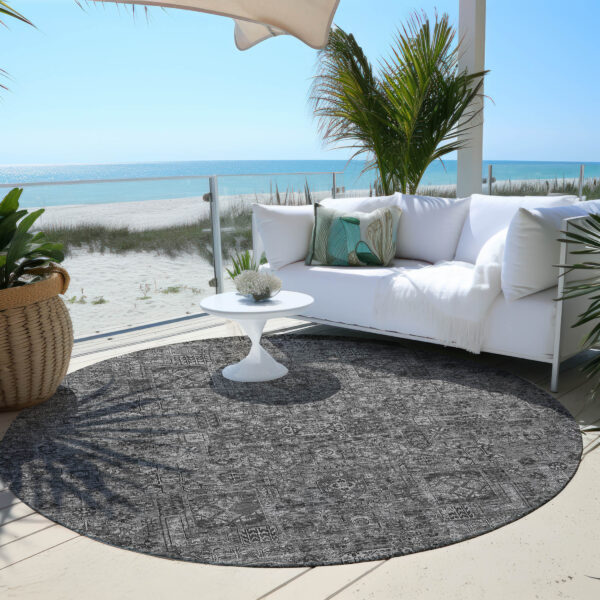 8' Charcoal And Silver Round Floral Washable Indoor Outdoor Area Rug
