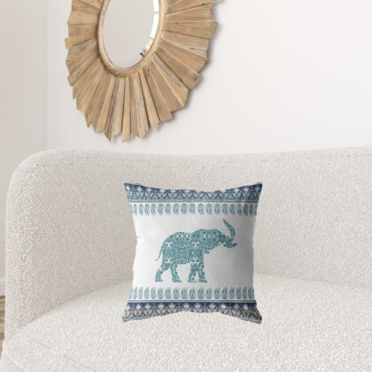 18” Teal Ornate Elephant Zippered Suede Throw Pillow