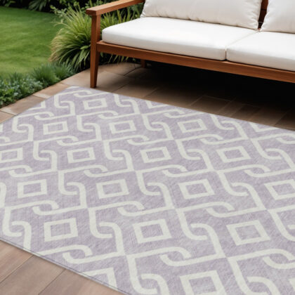 10' X 14' Lavender And Ivory Geometric Washable Indoor Outdoor Area Rug