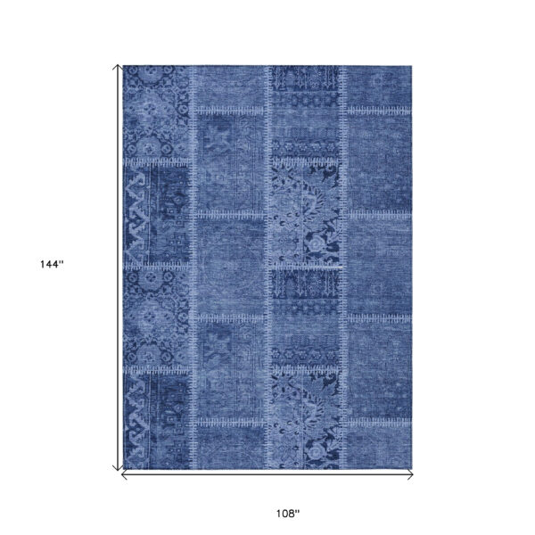 9' X 12' Navy Blue And Denim Blue Patchwork Washable Indoor Outdoor Area Rug