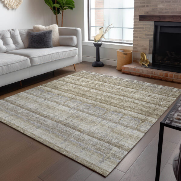 8' X 10' Taupe Gray And Beige Striped Washable Indoor Outdoor Area Rug