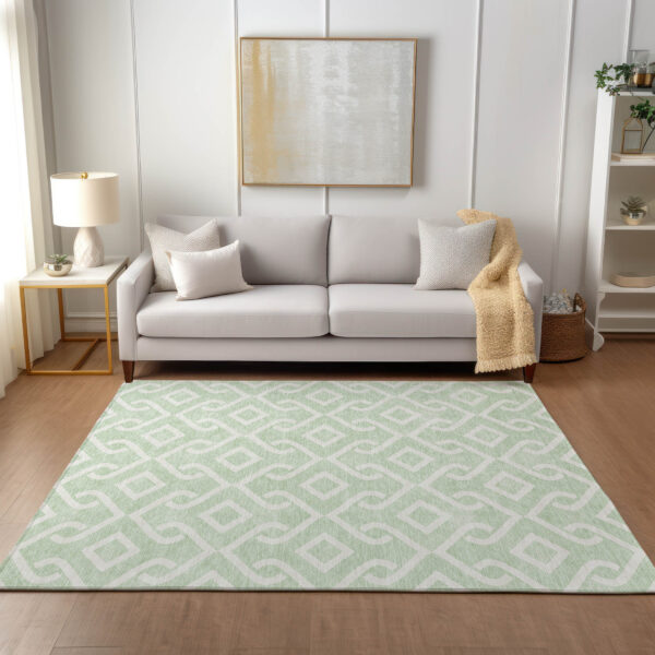 10' X 14' Mint Green And Ivory Geometric Washable Indoor Outdoor Area Rug