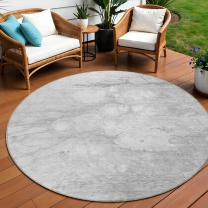 8' Silver Gray And Ivory Round Abstract Washable Indoor Outdoor Area Rug