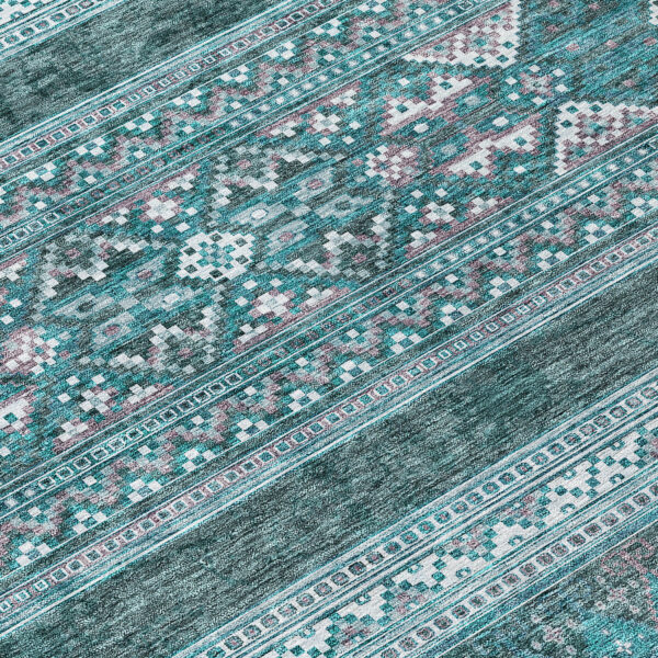 9' X 12' Teal Blue Ivory And Gray Southwestern Washable Indoor Outdoor Area Rug