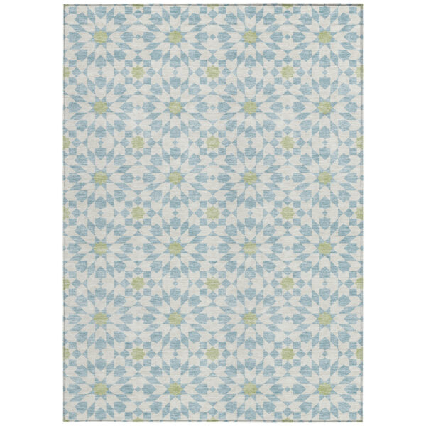 5' X 8' Sky Blue Ivory And Artichoke Green Floral Medallion Washable Indoor Outdoor Area Rug