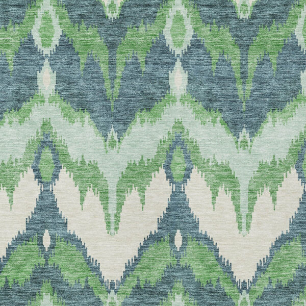 10' X 14' Green Ivory And Blue Ikat Washable Indoor Outdoor Area Rug