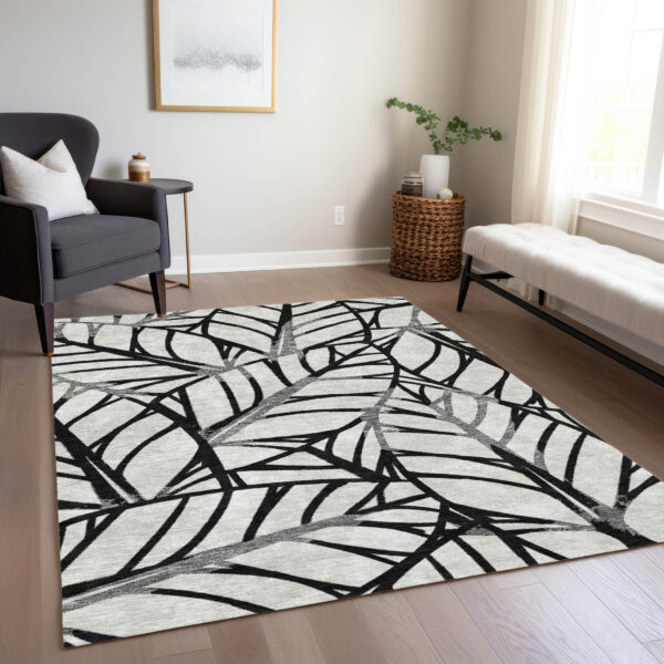5' X 8' Black Gray And Beige Floral Washable Indoor Outdoor Area Rug