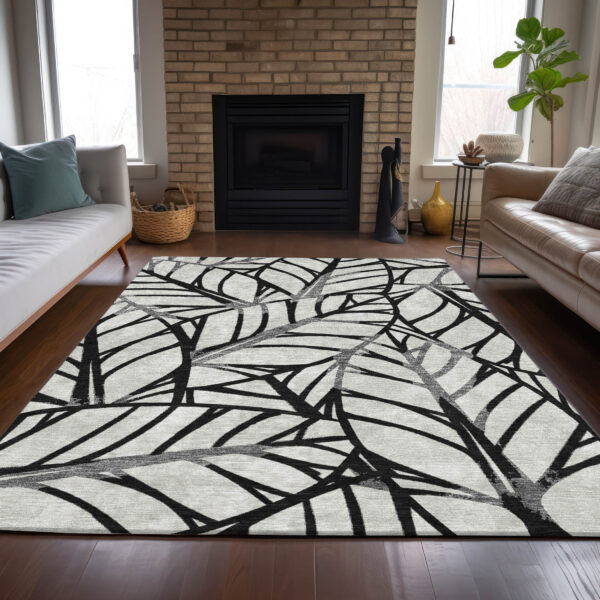 5' X 8' Black Gray And Beige Floral Washable Indoor Outdoor Area Rug