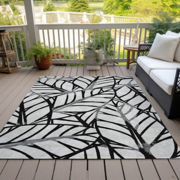 5' X 8' Black Gray And Beige Floral Washable Indoor Outdoor Area Rug