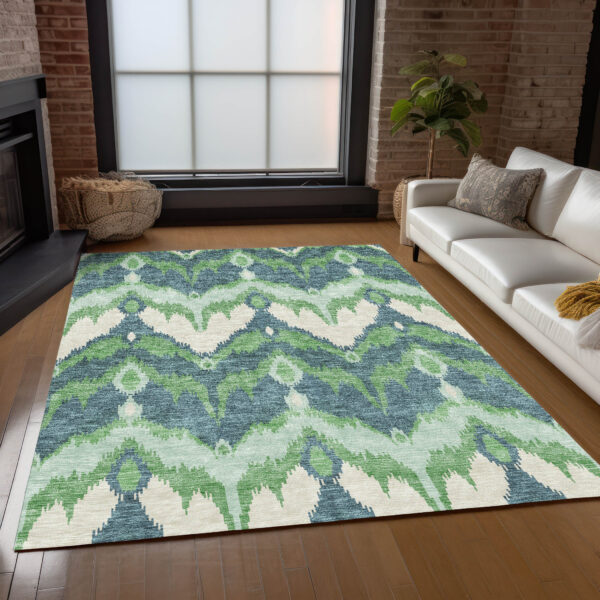 10' X 14' Green Ivory And Blue Ikat Washable Indoor Outdoor Area Rug