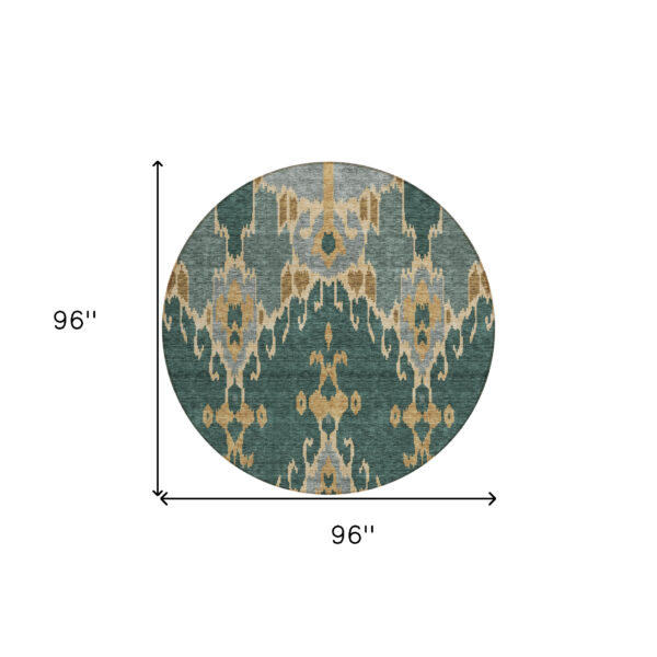 8' Green Gray And Gold Round Ikat Washable Indoor Outdoor Area Rug