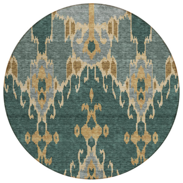 8' Green Gray And Gold Round Ikat Washable Indoor Outdoor Area Rug