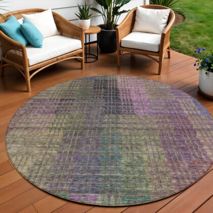 8' Plum Olive Green And Lavender Round Abstract Washable Indoor Outdoor Area Rug