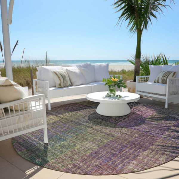 8' Plum Olive Green And Lavender Round Abstract Washable Indoor Outdoor Area Rug