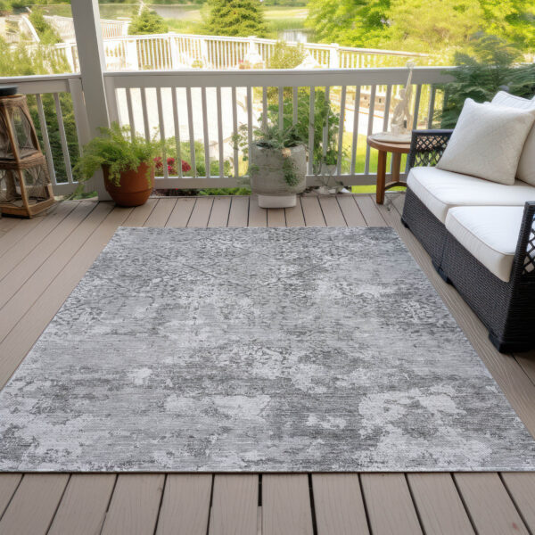 5' X 8' Gray Charcoal And Silver Floral Washable Indoor Outdoor Area Rug
