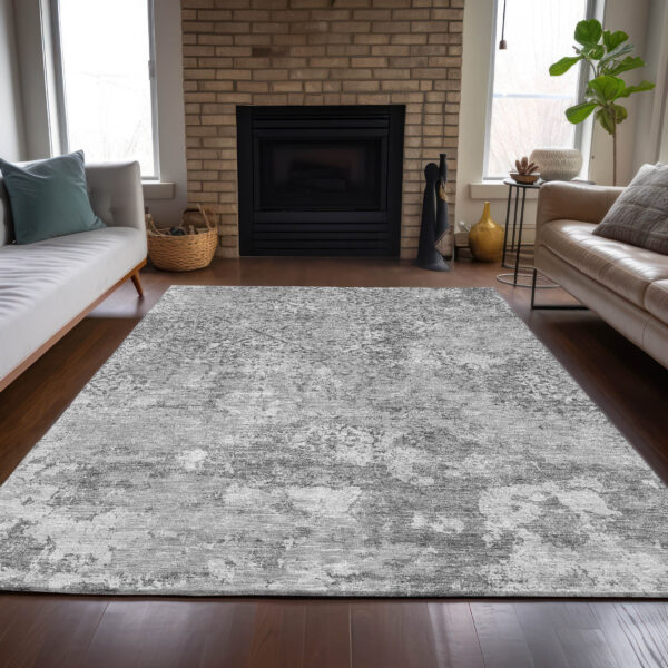 5' X 8' Gray Charcoal And Silver Floral Washable Indoor Outdoor Area Rug