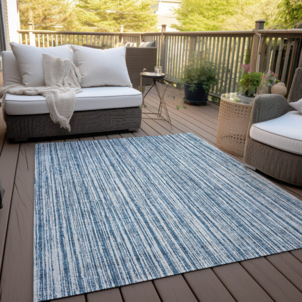 5' X 8' Blue And Ivory Striped Washable Indoor Outdoor Area Rug