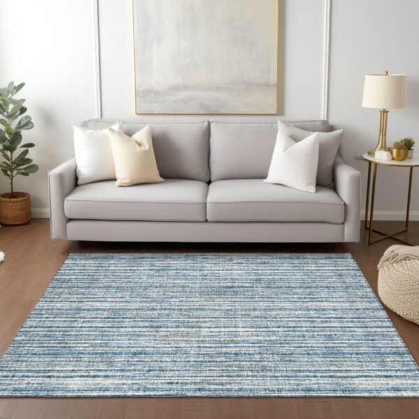 5' X 8' Blue And Ivory Striped Washable Indoor Outdoor Area Rug