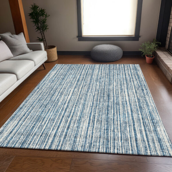5' X 8' Blue And Ivory Striped Washable Indoor Outdoor Area Rug