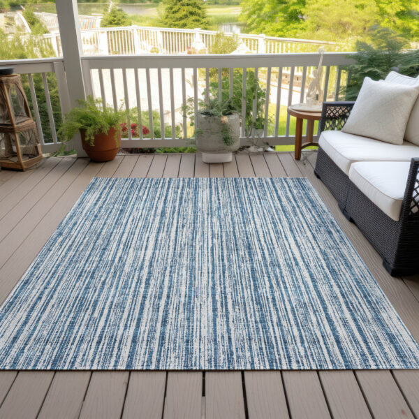 5' X 8' Blue And Ivory Striped Washable Indoor Outdoor Area Rug