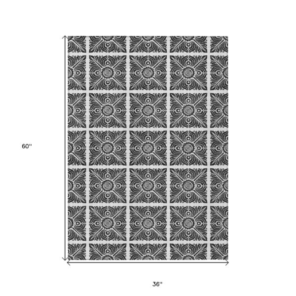 3' X 5' Ivory And Black Medallion Washable Indoor Outdoor Area Rug