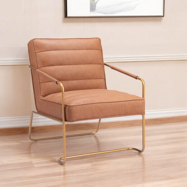 25" Brown And Gold Faux Leather And Faux Leather Tufted Arm Chair