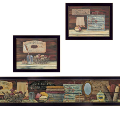 Set Of Three Country Bath 9 Black Framed Print Bathroom Wall Art