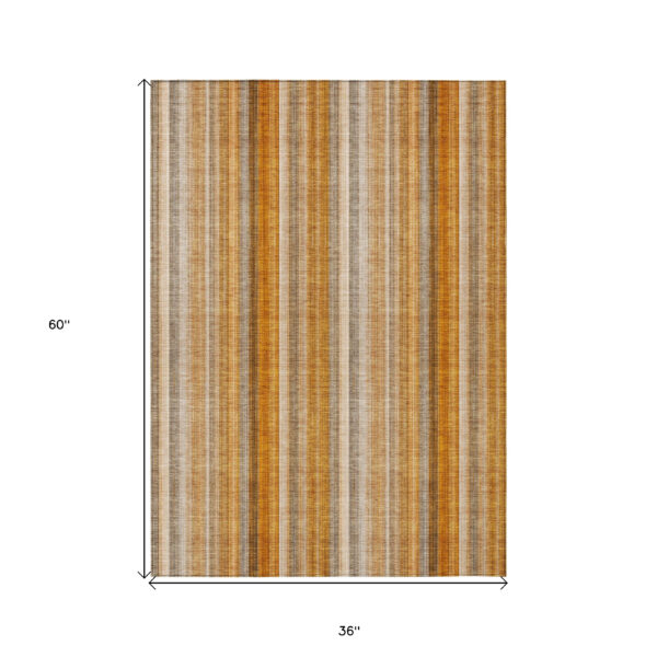 3' X 5' Orange Ivory and Gray Striped Washable Non Skid Indoor Outdoor Area Rug