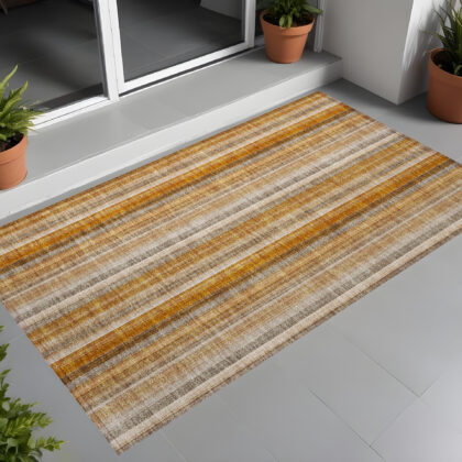 3' X 5' Orange Ivory and Gray Striped Washable Non Skid Indoor Outdoor Area Rug