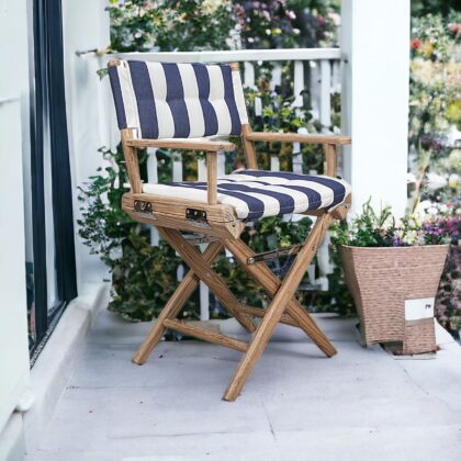 Blue and White And Brown Solid Wood Director Chair With Blue and White Cushion