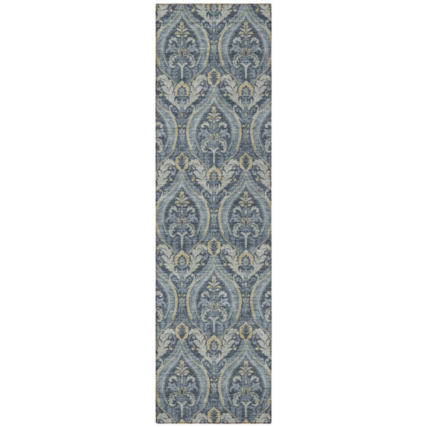 8' Runner Blue and Cream Damask Washable Non Skid Indoor Outdoor Runner Rug