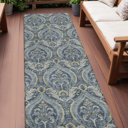 8' Runner Blue and Cream Damask Washable Non Skid Indoor Outdoor Runner Rug