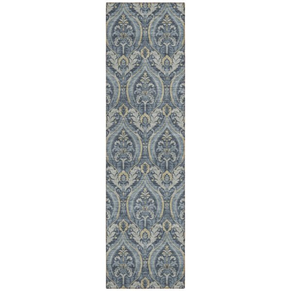 8' Runner Blue and Cream Damask Washable Non Skid Indoor Outdoor Runner Rug
