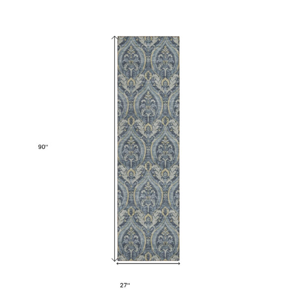 8' Runner Blue and Cream Damask Washable Non Skid Indoor Outdoor Runner Rug