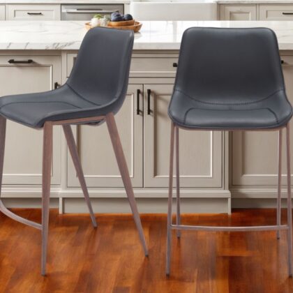 Set of Two 26" Black And Brown Faux Leather And Steel Counter Height Bar Chairs
