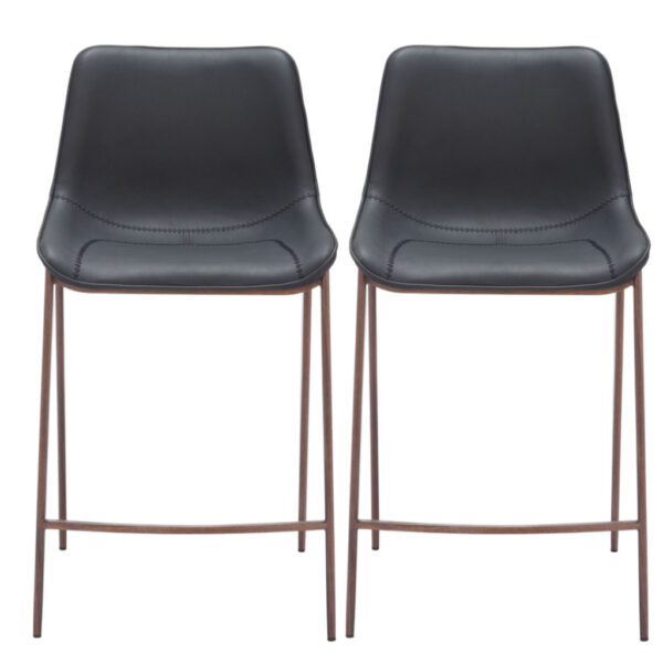Set of Two 26" Black And Brown Faux Leather And Steel Counter Height Bar Chairs