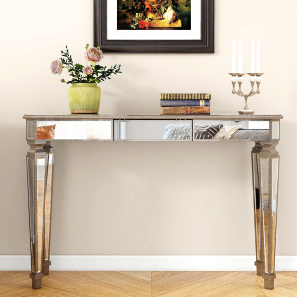 47" Silver and Gold Mirrored Glass Console Table With Drawer