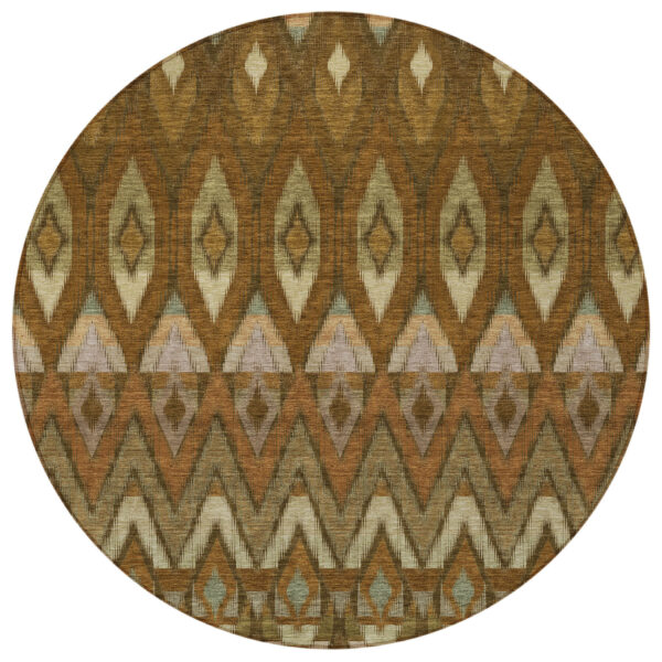 8' Brown Beige And Artichoke Green Round Southwestern Washable Indoor Outdoor Area Rug