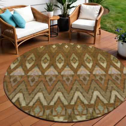 8' Brown Beige And Artichoke Green Round Southwestern Washable Indoor Outdoor Area Rug