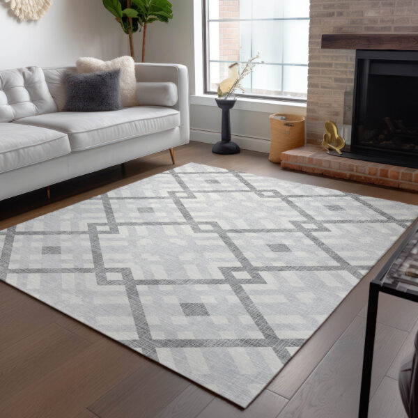 9' X 12' Silver Gray And Ivory Geometric Washable Indoor Outdoor Area Rug