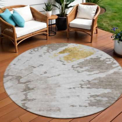 8' Taupe Khaki And Ivory Round Abstract Washable Indoor Outdoor Area Rug