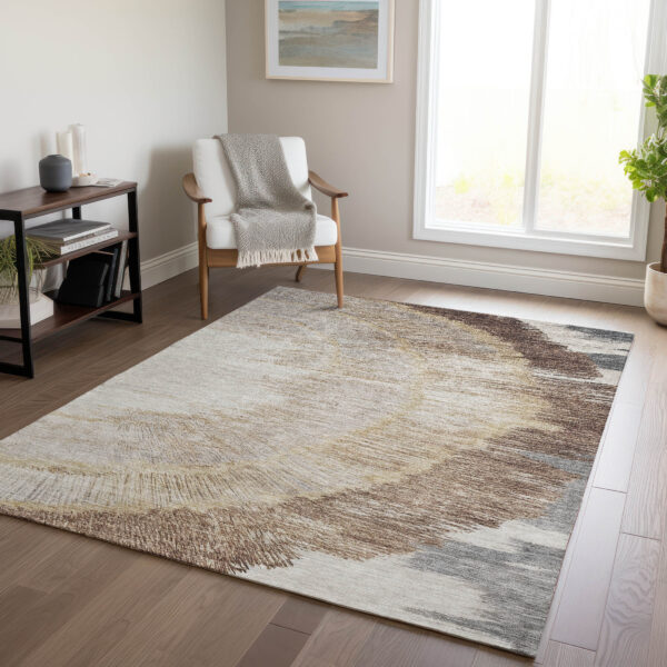 3' X 5' Brown Beige And Taupe Abstract Washable Indoor Outdoor Area Rug