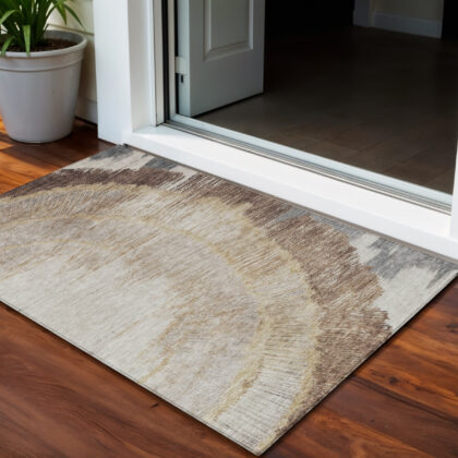 3' X 5' Brown Beige And Taupe Abstract Washable Indoor Outdoor Area Rug