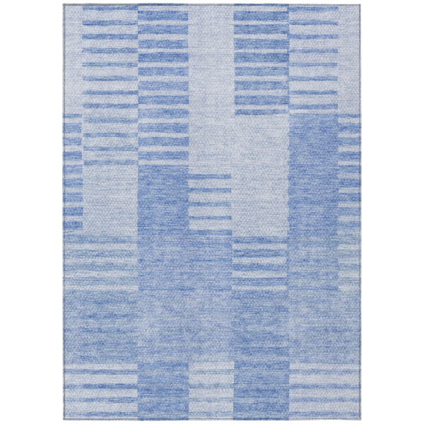 9' X 12' Sky Blue And Denim Blue Striped Washable Indoor Outdoor Area Rug