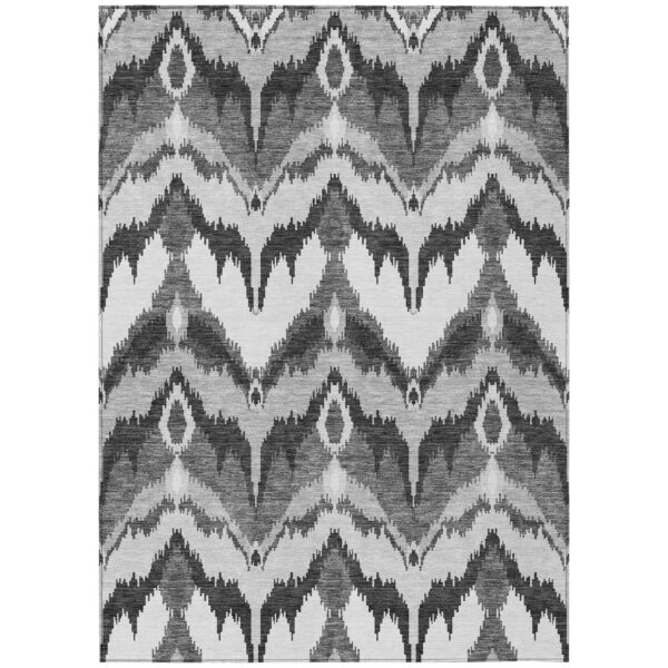 5' X 8' Gray Silver And Charcoal Ikat Washable Indoor Outdoor Area Rug