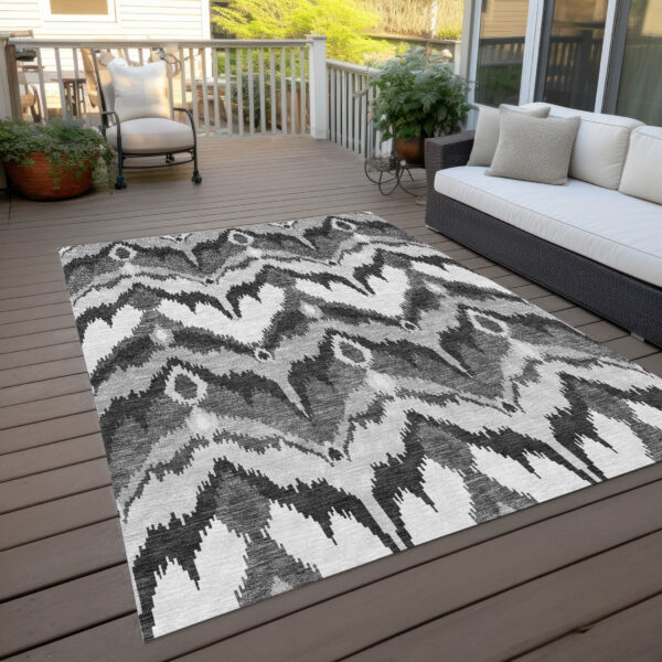 5' X 8' Gray Silver And Charcoal Ikat Washable Indoor Outdoor Area Rug