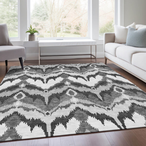 5' X 8' Gray Silver And Charcoal Ikat Washable Indoor Outdoor Area Rug
