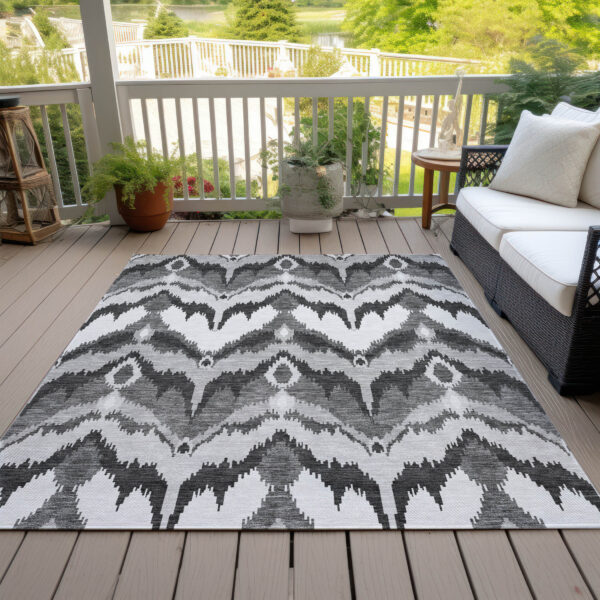 5' X 8' Gray Silver And Charcoal Ikat Washable Indoor Outdoor Area Rug