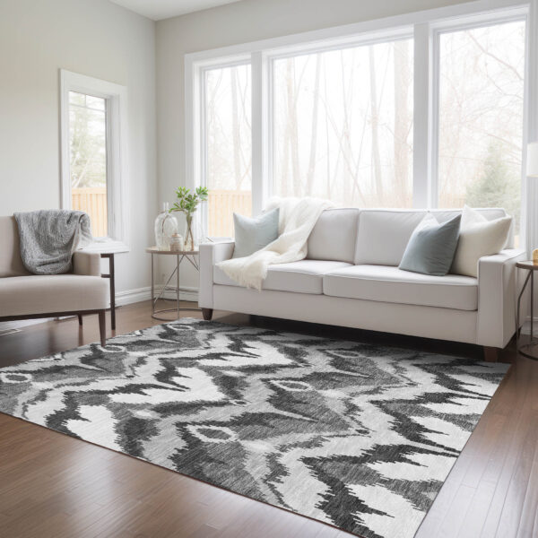 5' X 8' Gray Silver And Charcoal Ikat Washable Indoor Outdoor Area Rug