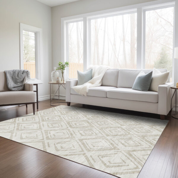 5' X 8' Beige And Ivory Geometric Washable Indoor Outdoor Area Rug